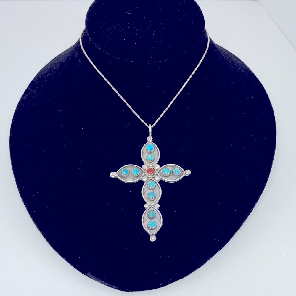 Sterling Silver, Turquoise & Coral Puebloan Cross Vintage Necklace